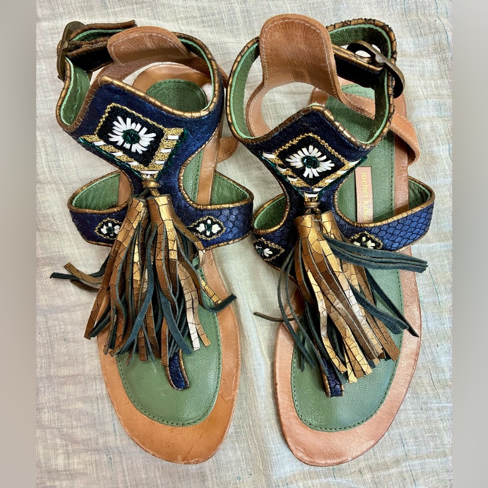 Meher Kakalia T-Strap Fringe Sandals Size 37